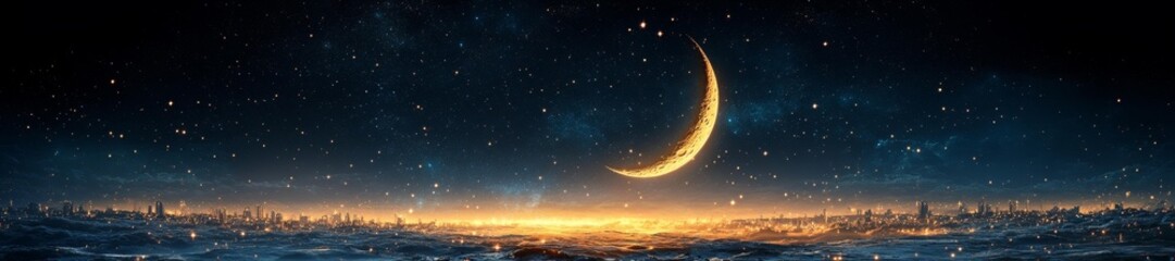 Starry Night Sky with Crescent Moon Over Icy Landscape. Generative AI