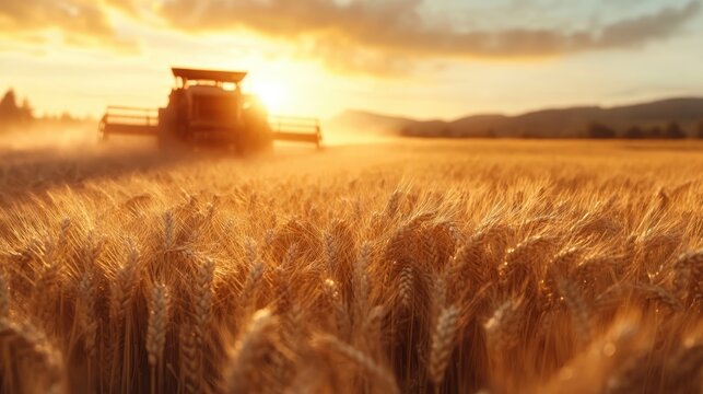 A captivating view of a tractor harvesting wheat in a vast field as the sun sets, surrounded by a dramatic sky that enhances the raw beauty of rural life.