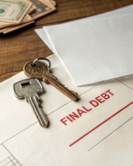 A close-up of keys resting on a document labeled "Final Debt" with a white envelope and bills in the background, highlighting themes of finance and responsibility.
