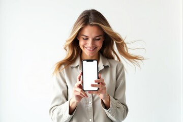 Naklejka premium Smiling woman holding smartphone with blank screen