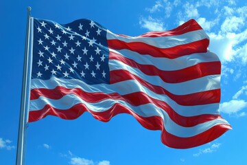 Fototapeta premium Waving US flag against a bright blue sky with fluffy clouds