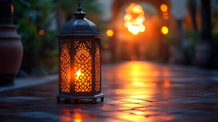 Intricate Islamic Lantern with Warm Orange Glow and Detailed Shadows. Generative AI