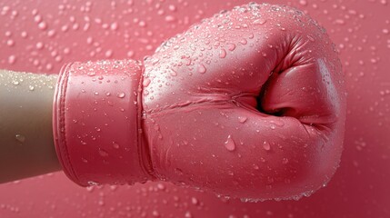 Close up of a Sweaty Pink Boxing Glove Water Droplets Sport Concept