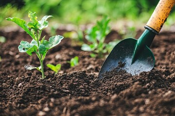 Planting seedlings in open ground. Garden tools shown in action. Young seedlings. Garden care