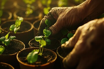 A close-up shot of a farmers strong, weathered hands gently tending to young seedlings in small pots filled with rich soil.