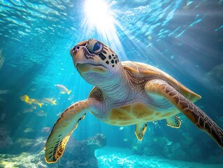 Obraz premium Majestic sea turtle gliding gracefully through crystal-clear waters with sunbeams illuminating its path. Generative AI