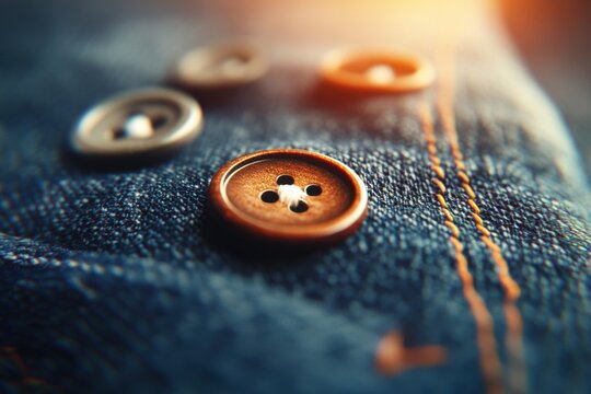 Close-Up of Sewn Buttons on Denim Fabric with Sunset Background