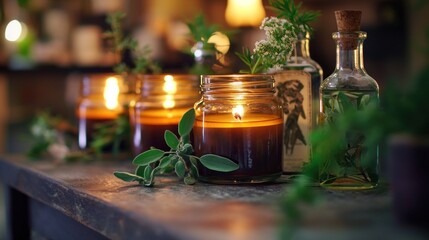 Fototapeta premium Herbal candles & oils on wooden table, cozy atmosphere, spa