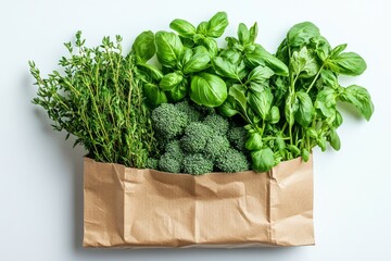 Naklejka premium Fresh Green Vegetables and Herbs in Paper Bag Broccoli Basil Thyme