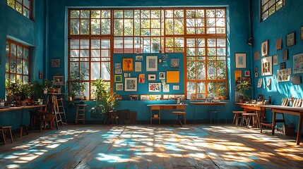 Obraz premium Sunlit Artistic Studio Workspace with Teal Walls Large Windows and Artwork Gallery Wall