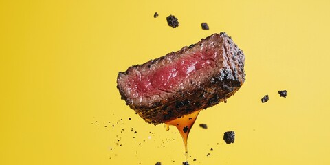 Floating steak with black truffle reduction splashes on a bright canary yellow background