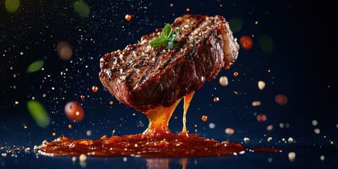 Floating steak with caramelized onion jam splashes on a deep royal blue background