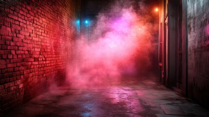 An urban alley filled with colorful lights and swirling fog, evoking feelings of intrigue and creativity with a touch of grittiness and contemporary atmosphere.