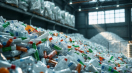 PET recycling station background. Blurred backdrop with piles of plastic waste prepared for recycling