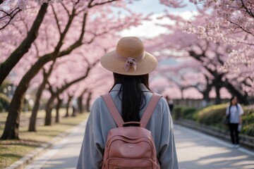 Young woman walking beneath blooming cherry blossom trees in a serene park during springtime
