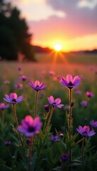 Obraz premium Violet and pink wildflowers bloom at sunset in a picturesque meadow , nature, evening, rural