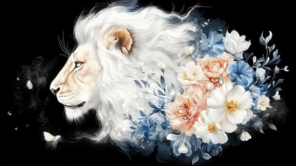 Breathtaking and bold digital of a majestic roaring lion with a striking floral and ethereal composition