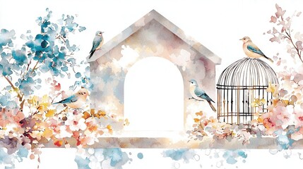 Harmonious watercolor artwork showcasing a charming spring garden scene with a delicate floral arch a birdcage and vibrant blooming flowers