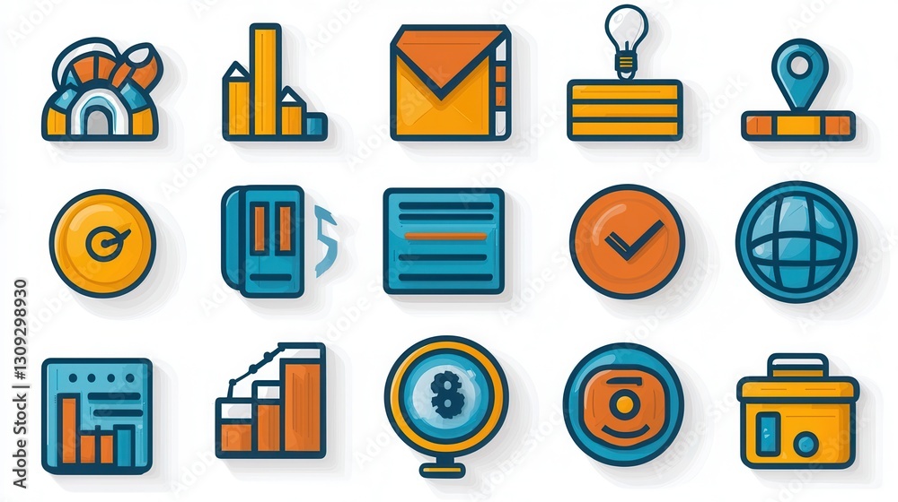 Poster collection of 15 minimalist linear icons symbolizing various digital options analytics tools and dat