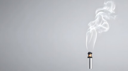 Smoldering Cigarette with White Smoke Against Gray Background