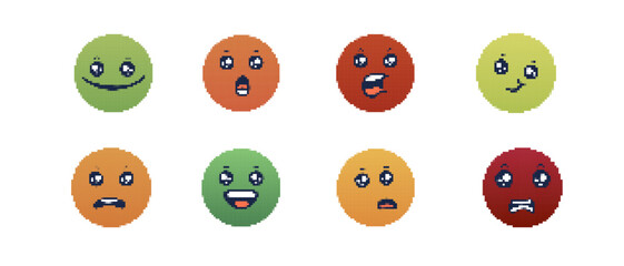 Eight pixel art faces showcase different emotions with unique expressions and vibrant colors.