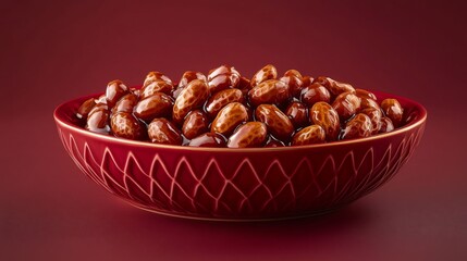 Obraz premium Red Bowl of Glazed Sweet Beans on Dark Red Background