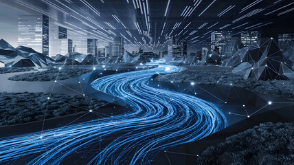 A river of data flowing through a digital landscape, controlled by AI systems.
