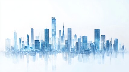 Fototapeta premium Modern city skyline with skyscrapers and reflections at dawn. 3D urban landscape