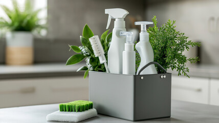 Eco friendly cleaning products and tools promoting sustainable practices in modern kitchen