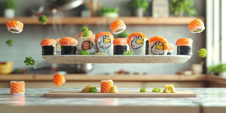 Floating sushi platter with sashimi and rolls on a blurred kitchen background