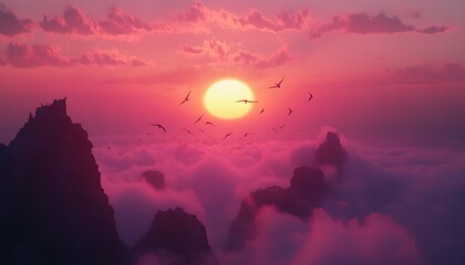 Pink sunset over mountains and clouds with birds.