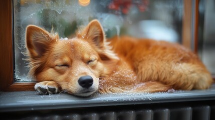 A Cozy Dog Sleeping on a Windowsill with Frost on the Glass. Generative AI