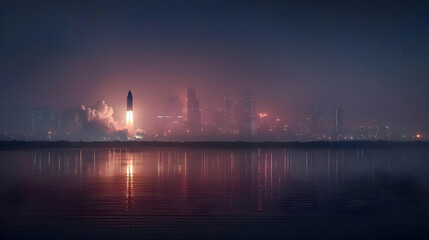 Naklejka premium Cityscape Skyline At Night Reflected On Calm Lake Under Misty Atmospheric Sky