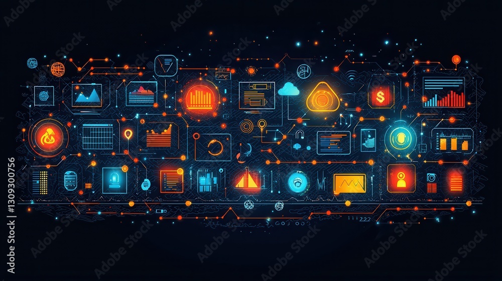 Poster digital transformation growth concept illustrated with 15 outline icons representing key elements of