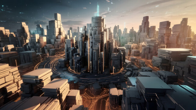 An abstract, glowing AI-powered city with architectural structures constantly changing.