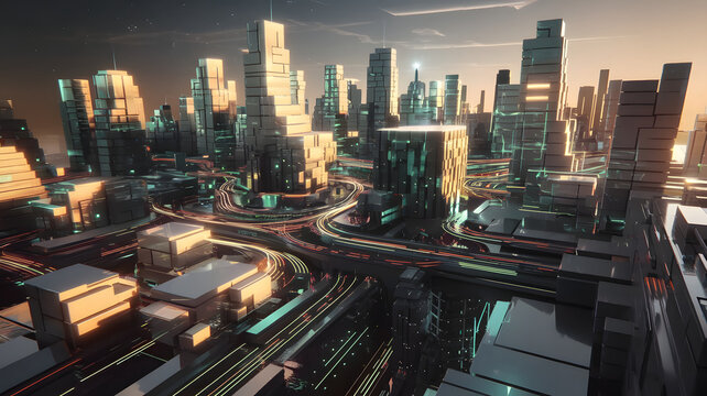 An abstract, glowing AI-powered city with architectural structures constantly changing.
