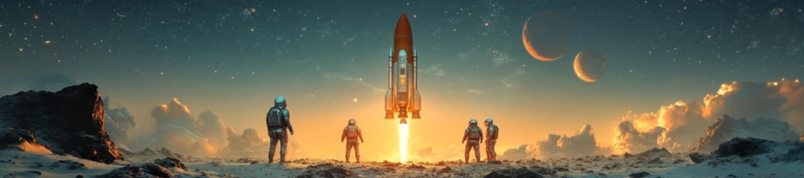 Astronauts Witnessing Retro Rocket Launch in Deep Space. Generative AI