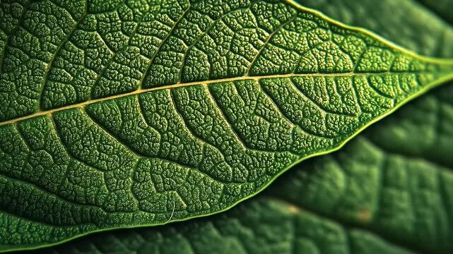 Close-up of a vibrant green leaf showcasing intricate vein patterns and textures in nature