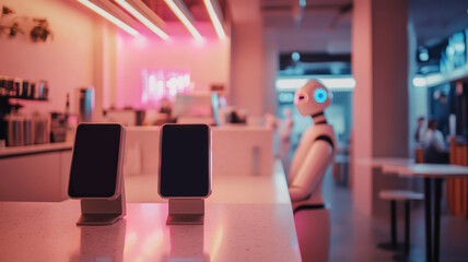 Obraz premium Futuristic cafe with robots and digital ordering experience. 3D urban landscape