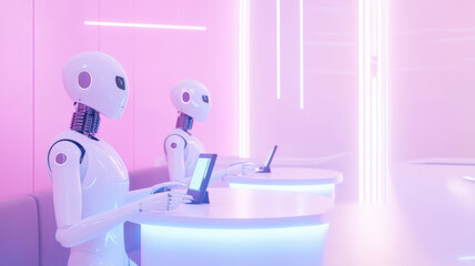 Futuristic robots in a neon lit environment working on digital tablets. 3D urban landscape
