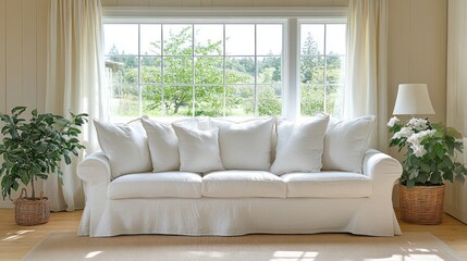 Fototapeta premium White sofa in sunlit country home living room