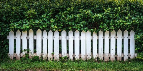 A charming white picket fence stands against a lush green hedge, creating a picturesque outdoor scene.