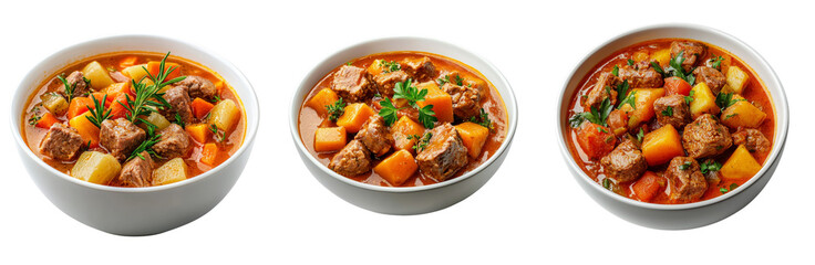Delicious beef stew with vegetables in white bowls, showcasing rich colors and textures