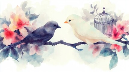 Naklejka premium Elegant watercolor depicting the harmonious coexistence of birds flowers and foliage in a serene tranquil setting The delicate