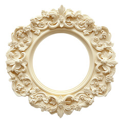 Elegant Light Yellow Baroque Circular Frame with Ornate Floral Carvings &ndash; PNG Transparent Background