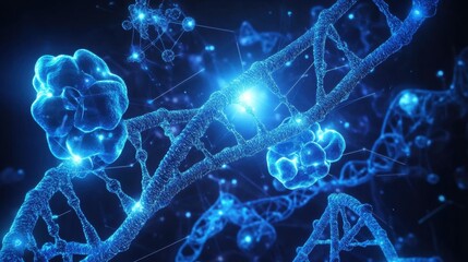 High-tech molecular structure with floating atoms, neurons, and DNA chains, interconnected by neon blue energy lines on dark background