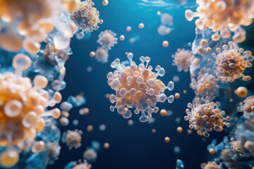 Microscopic View of Viruses Floating in a Blue Ocean Environment