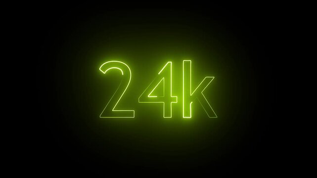 glowing neon 24K text animation on black background. 24k Followers Celebration text animation.