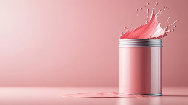 A vibrant can of pink paint spills onto a smooth surface, creating a dynamic splash that embodies creativity and artistic freedom with its bold colors and energetic motion.