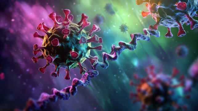 digital illustration depicts virus mutating into new strain, showcasing vibrant colors and dynamic movement. image highlights complexity and adaptability of viral structures - Powered by Adobe